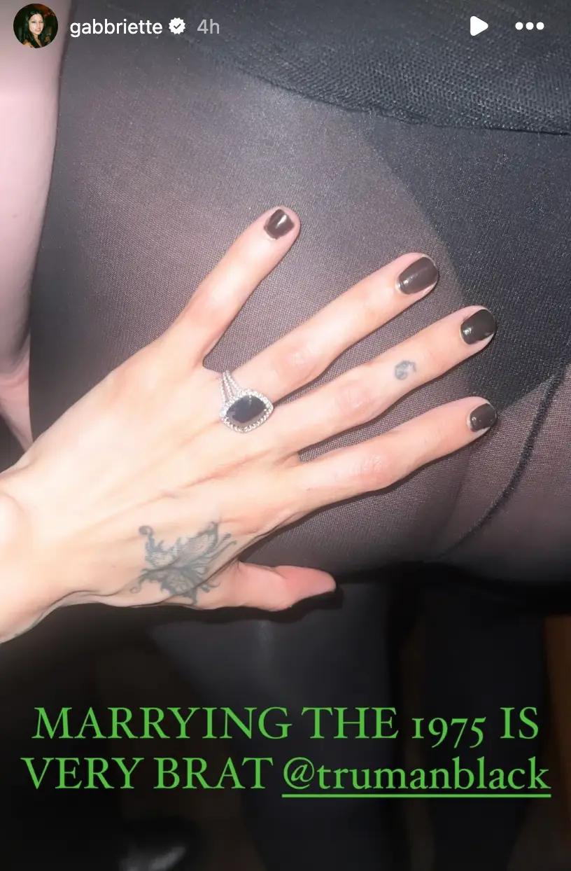 The model and musician shared her ring, which Matty later reshared - seemingly confirming their engagement. (Instagram/@gabbriette)