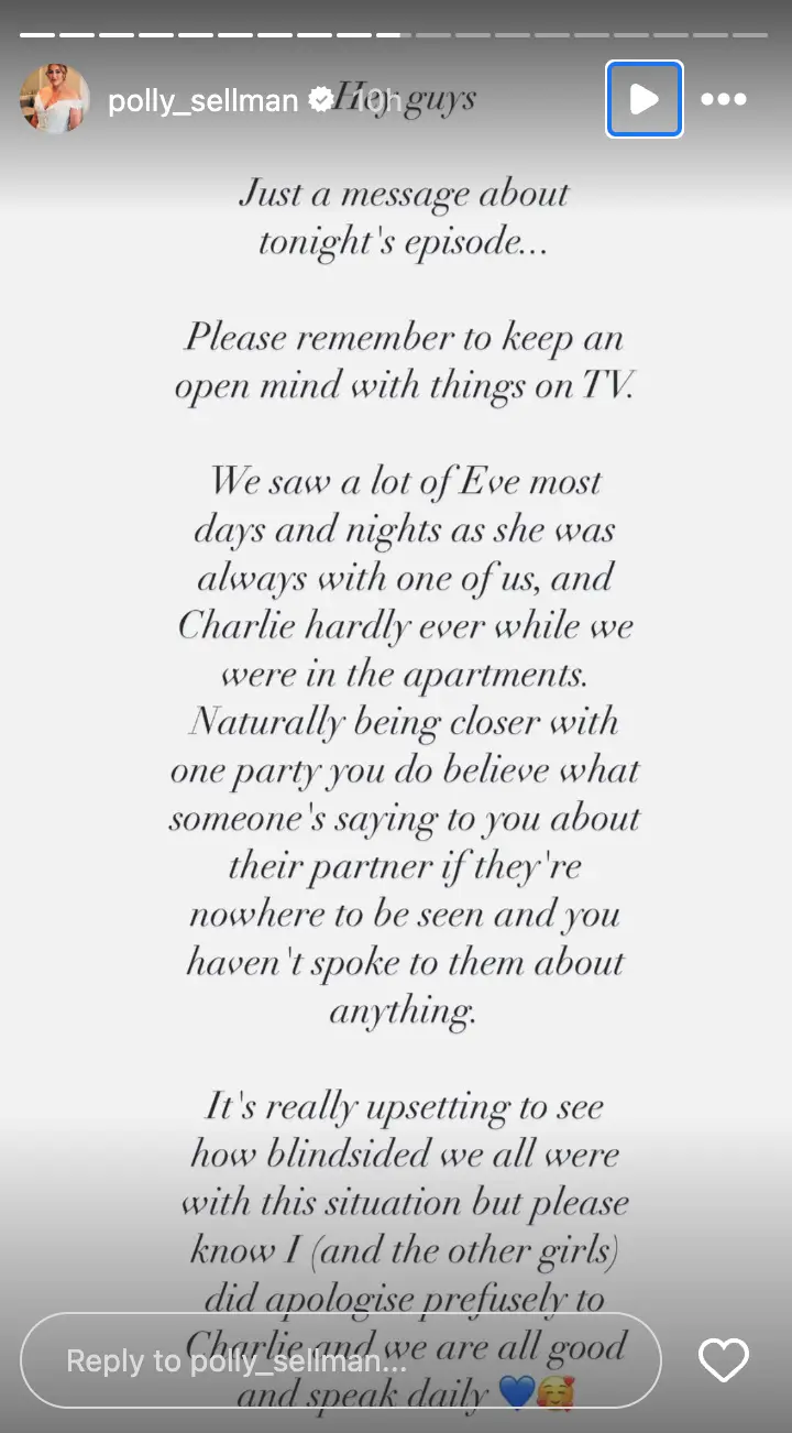 Polly shared a series of statements to Instagram following the explosive episode (Instagram/@polly_sellman)