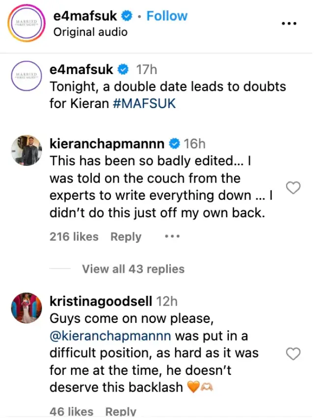 Kieran and Kristina have both had their say on the controversy (Instagram/@e4mafsuk)