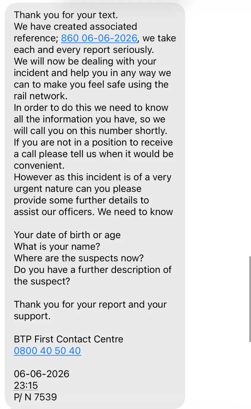 Esme says she only received a reply from the BTP after going viral on social media (Supplied)