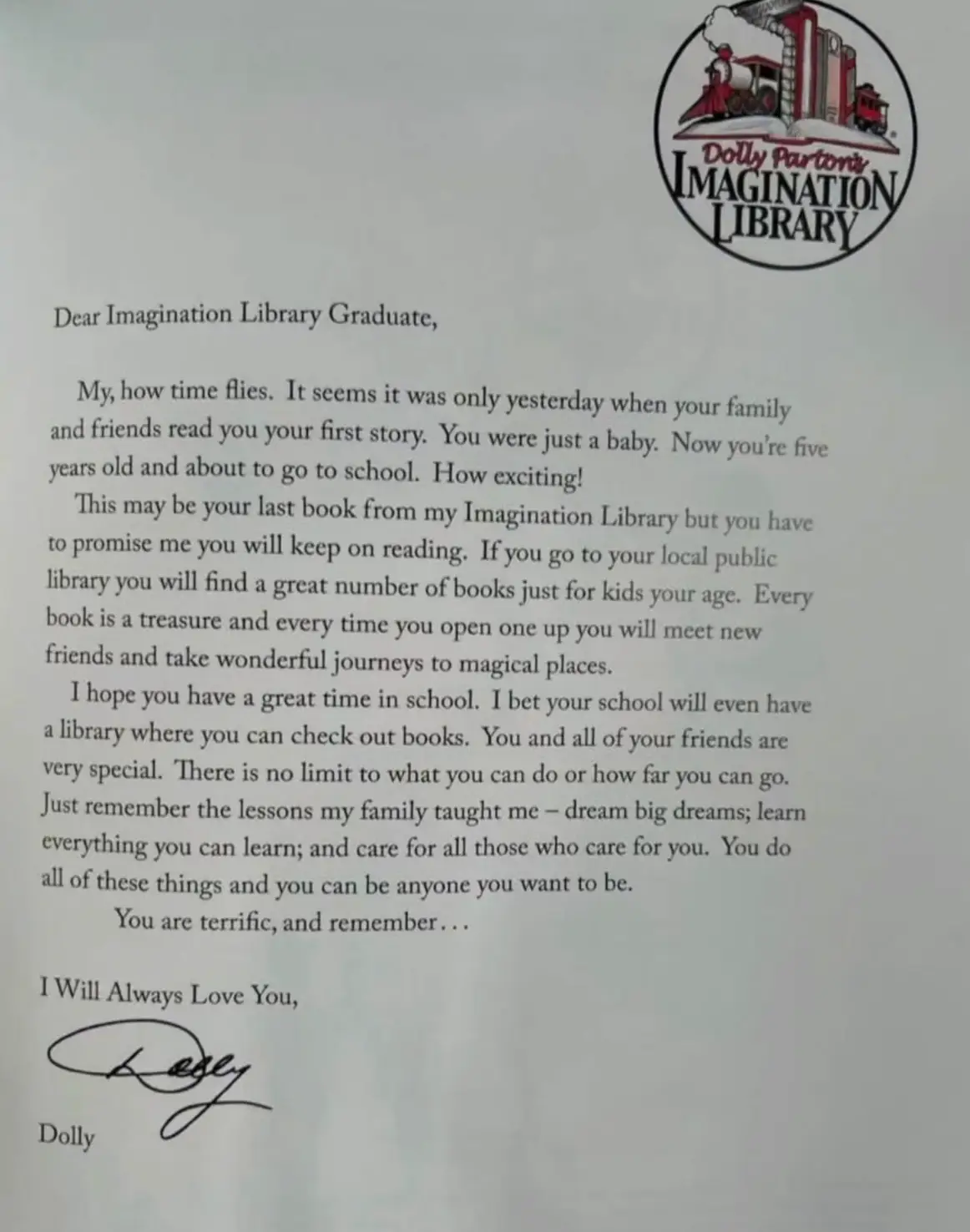 Parton's final letter has been shared (Imagination Library)
