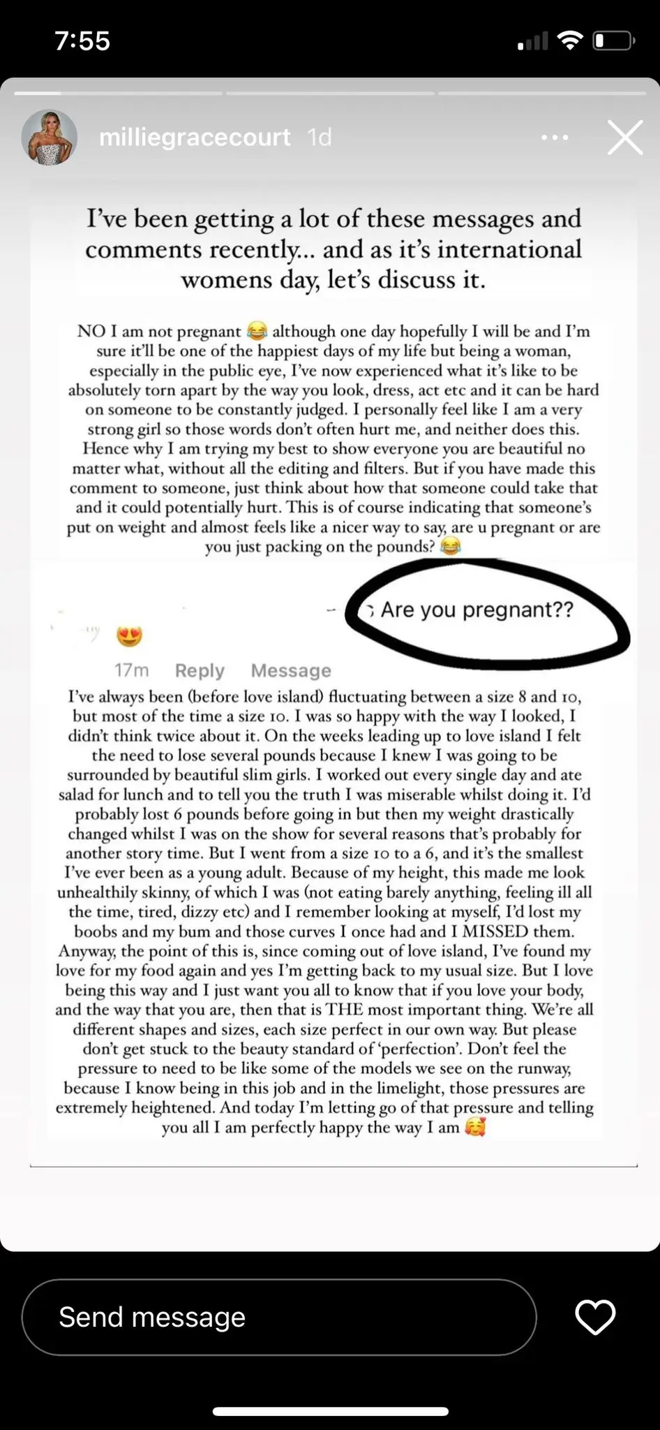 Millie discussed her weight gain on Instagram (