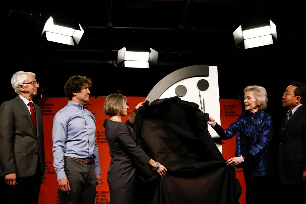 The Doomsday Clock's unveiling in 2023 (Anna Moneymaker/Getty Images)