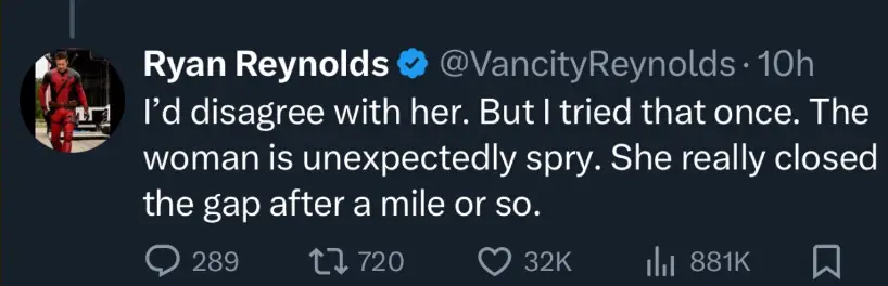 Fans hit out at the Deadpool star's 'unfunny' response (X/@VancityReynolds)