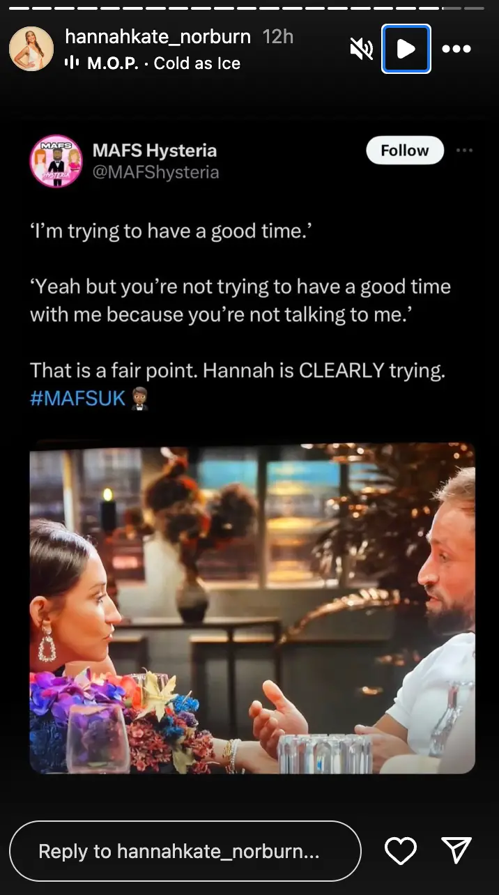 Hannah took to Instagram to share a tweet defending her (Instagram/@hannahkate_norburn)