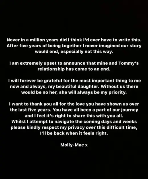 Molly-Mae announced the split on Instagram (Instagram/@mollymae)
