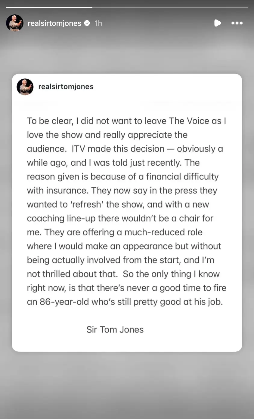 Jones shared a statement on Instagram, claiming he was 'fired' (Instagram/@realsirtomjones)