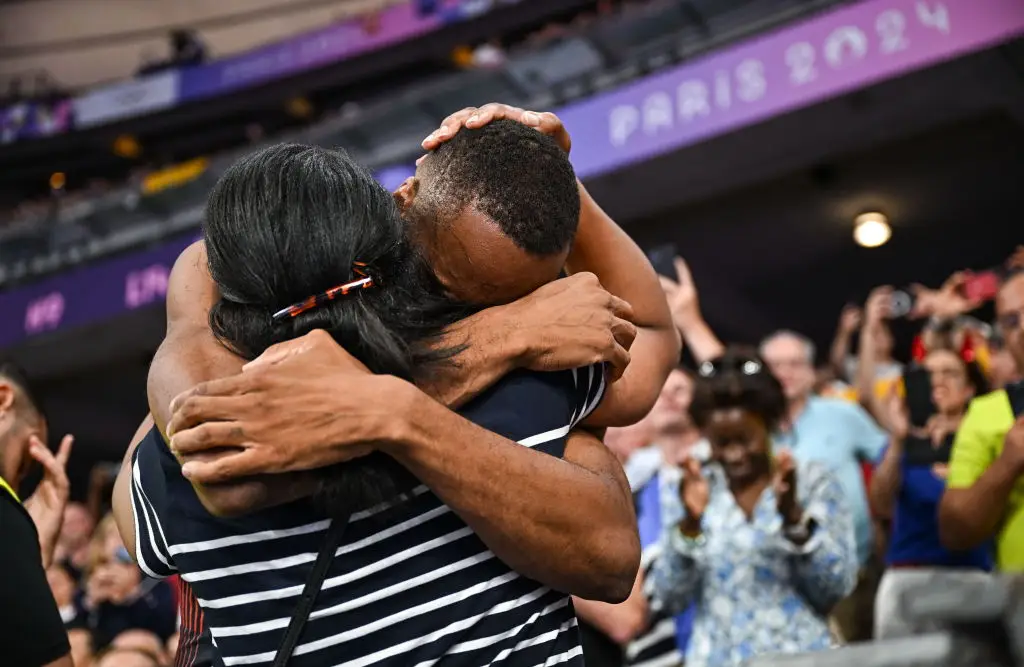 His mum wiped away his tears after the race. (Sam Barnes/Sportsfile via Getty Images)