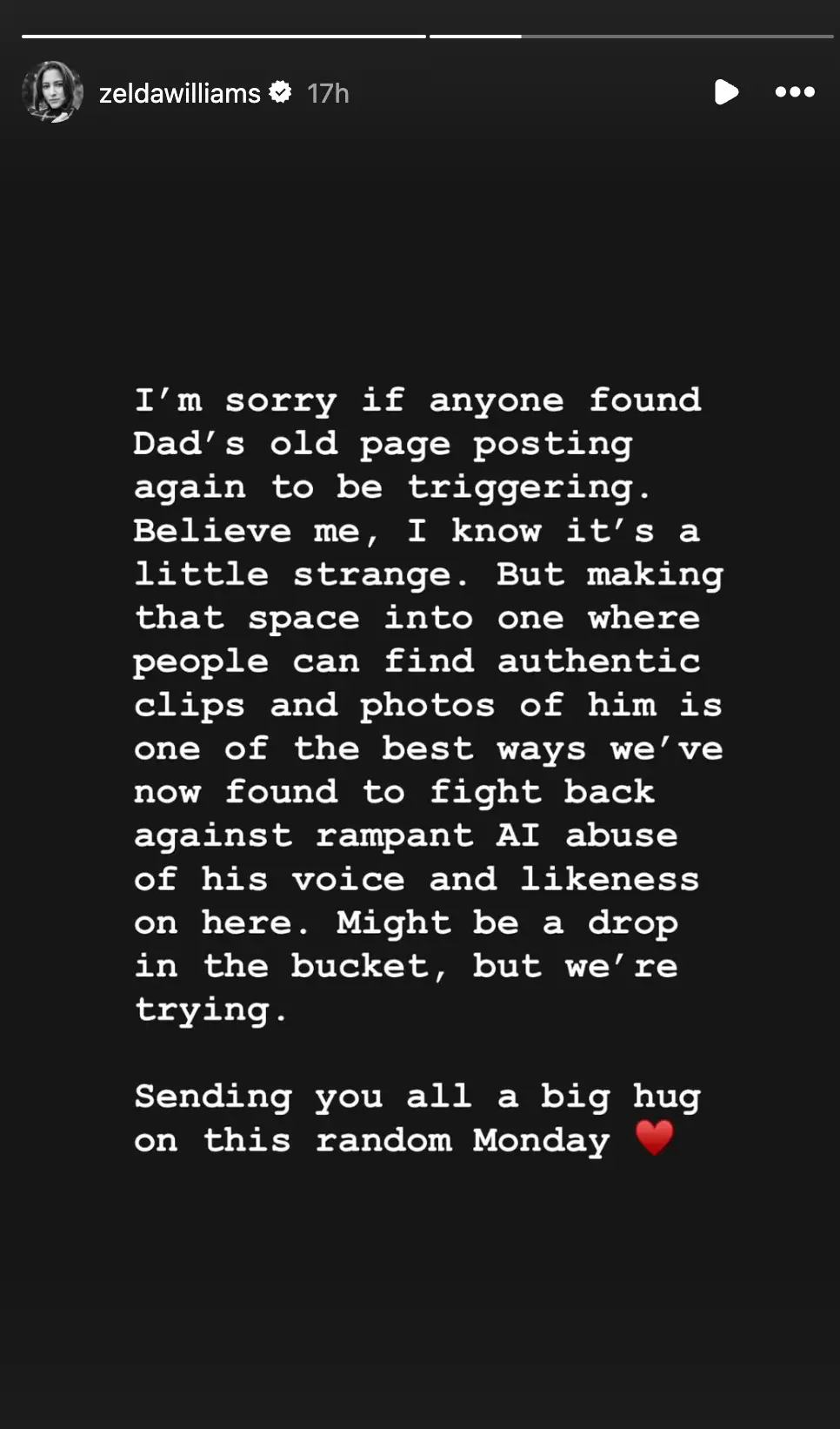 Zelda issued a statement apologising to fans who might have found it 'triggering' (Instagram/zeldawilliams)
