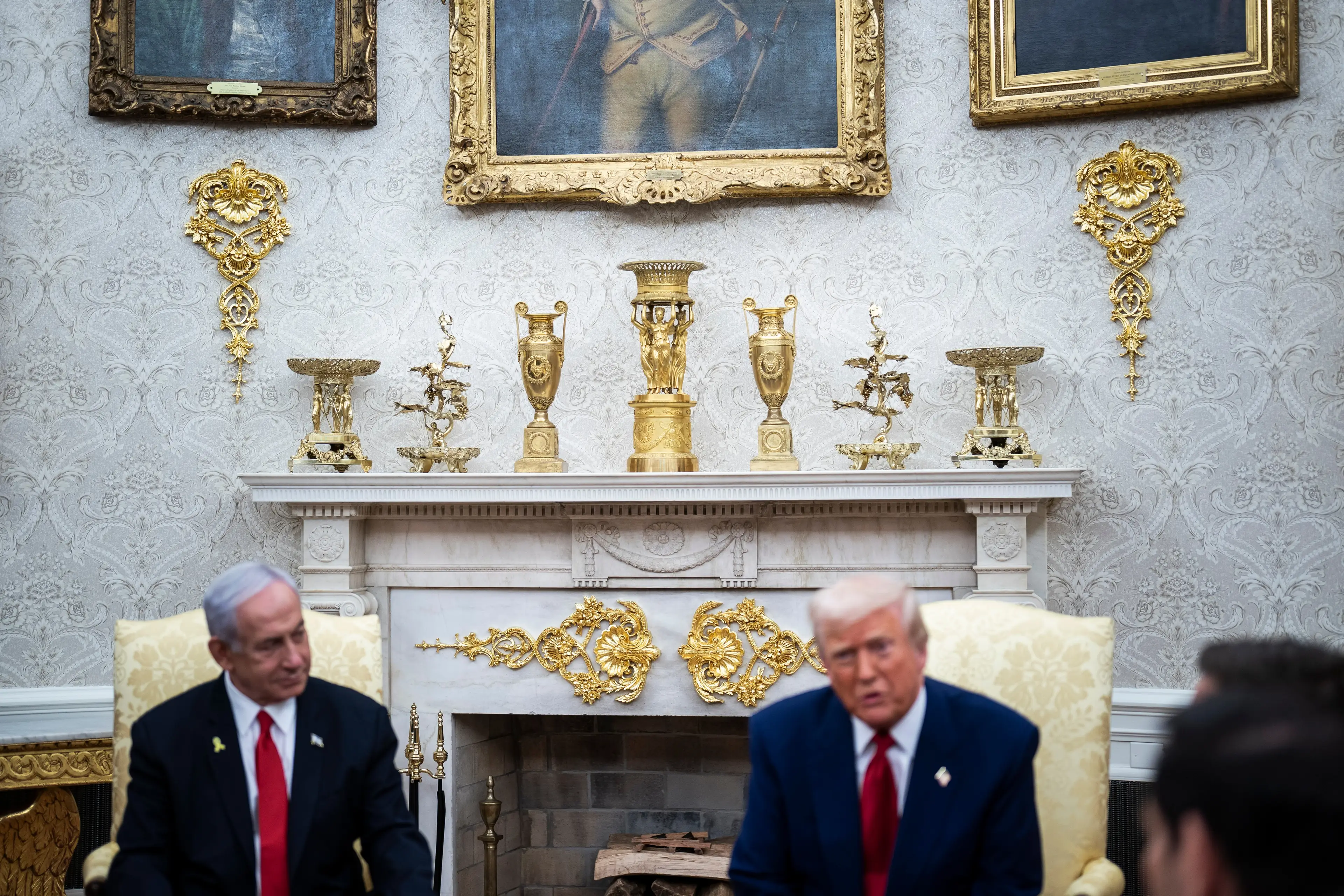 The Oval Office's new look has sparked controversy online with many hitting out at its 'tacky' aesthetic (Jabin Botsford/The Washington Post via Getty Images)