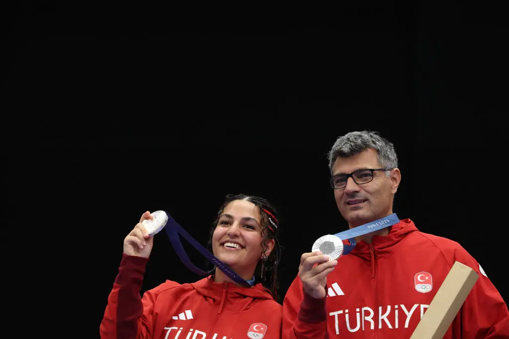 Yusuf Dikec, along with his partner, Sevval Ilayda Tarhan, earned a silver medal. (ALAIN JOCARD/AFP via Getty Images)
