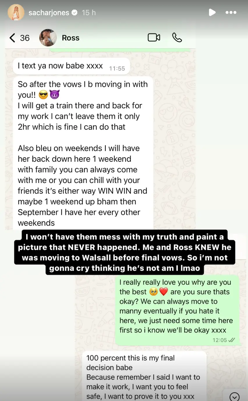 Sacha shared screenshots from her conversations with Ross as 'proof' (Instagram/@sacharjones)
