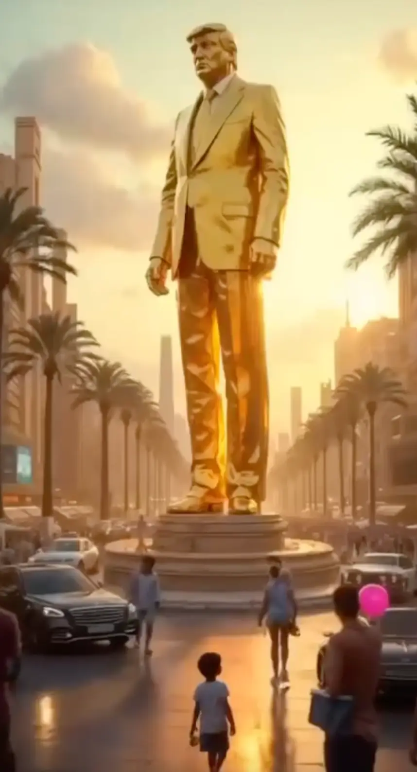 Another clip features a massive gold statue of Trump in the middle of a roundabout (Instagram/@donaldtrump)