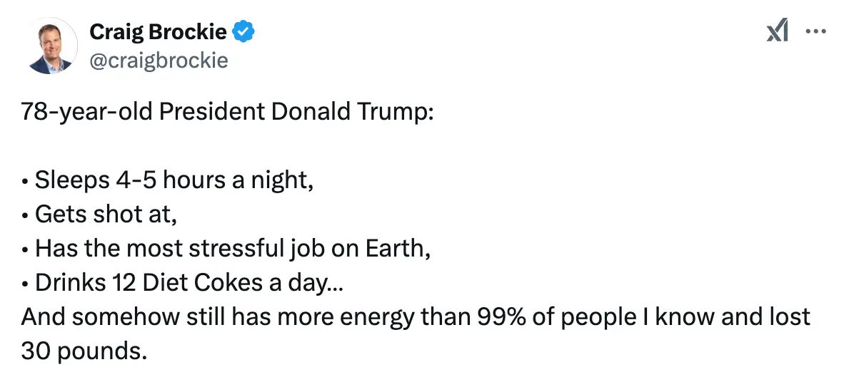 Brockie shared Trump's 'crazy health routine' online (X)