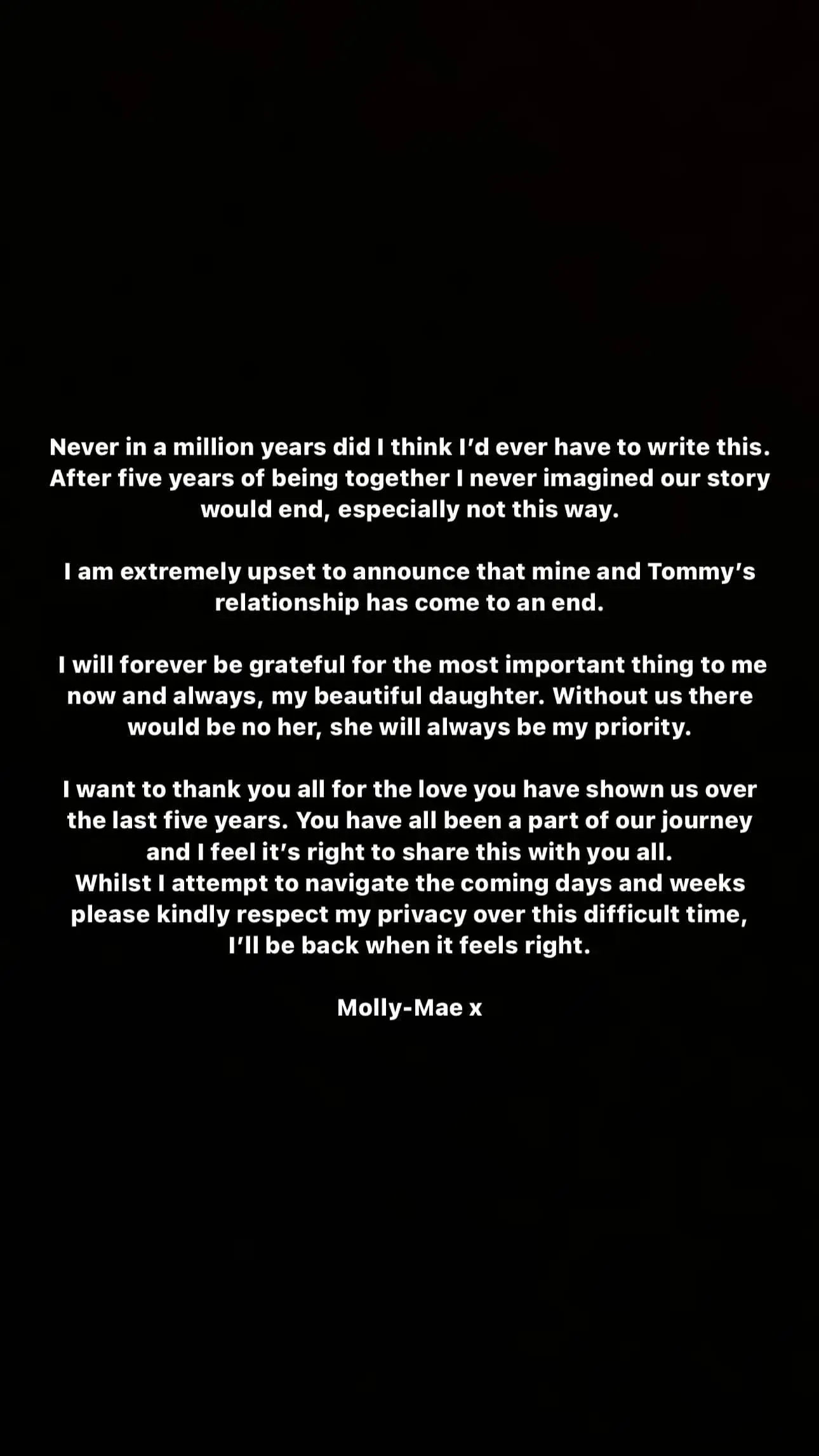 Molly-Mae Hague announced their split on Instagram. (Instagram/@mollymae)