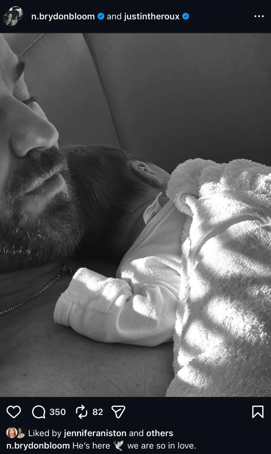 Aniston 'liked' Theroux's baby announcement (Instagram/@n.brydonbloom/@justintheroux)