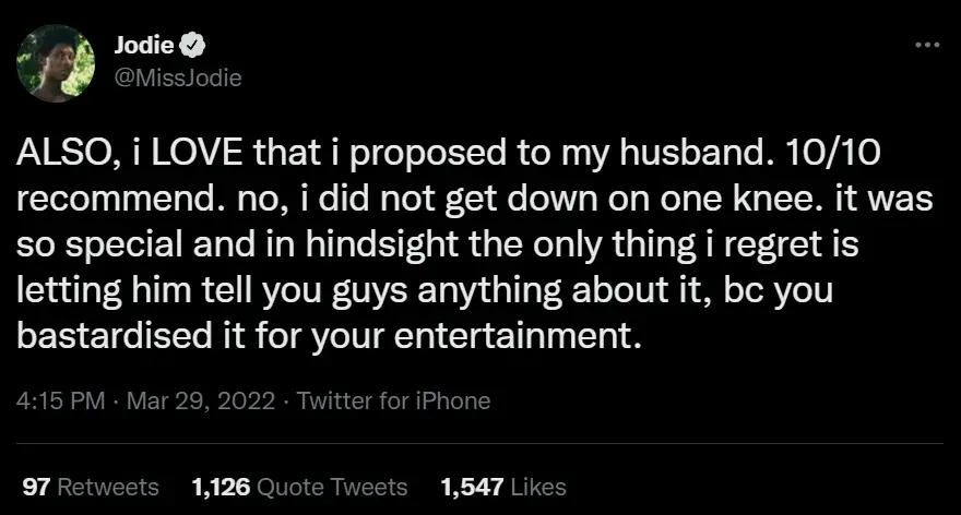 Jodie Turner-Smith has no regrets over proposing to husband (