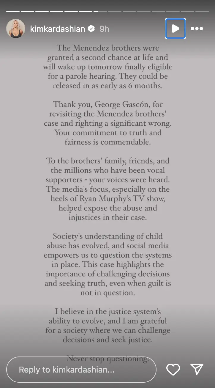 Kim Kardashian, who has been following the case, shared an update on social media (Instagram/@kimkardashian)