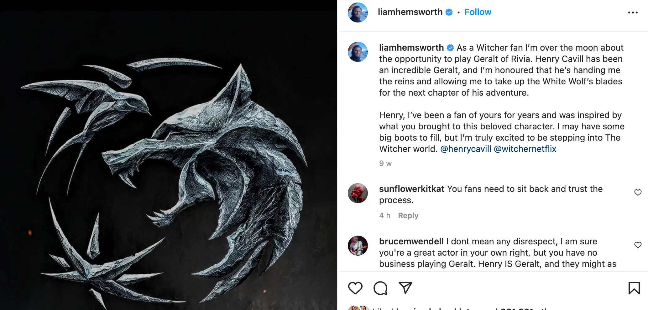 Hemsworth will play Geralt in the fourth series of The Witcher.