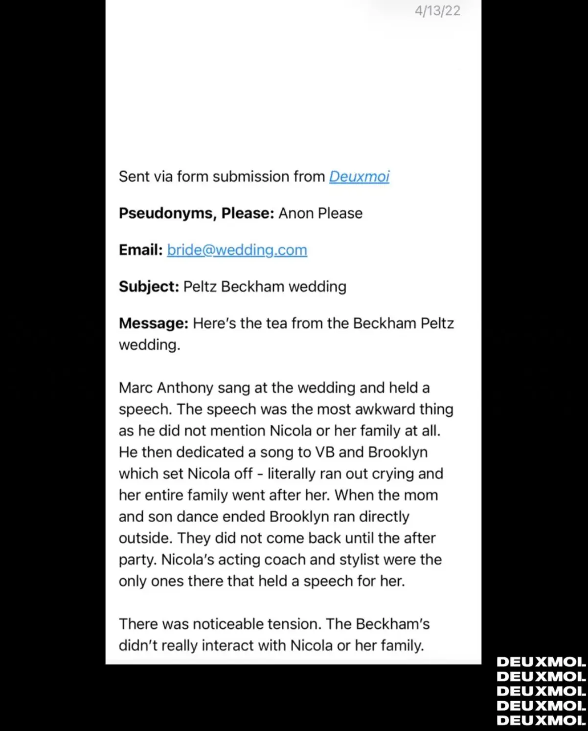 The wedding tip came in from an anonymous sender (Instagram/deuxmoi)