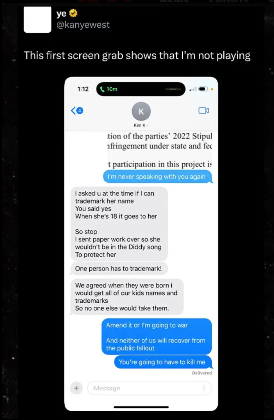 Kanye threatened Kim via text (X/@kanyewest)