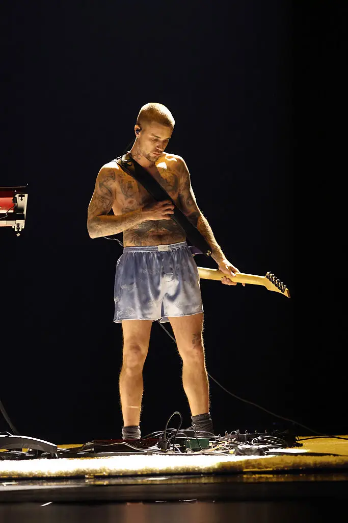 The singer performed in nothing but purple boxers and a pair of socks (Kevin Mazur/Getty Images)