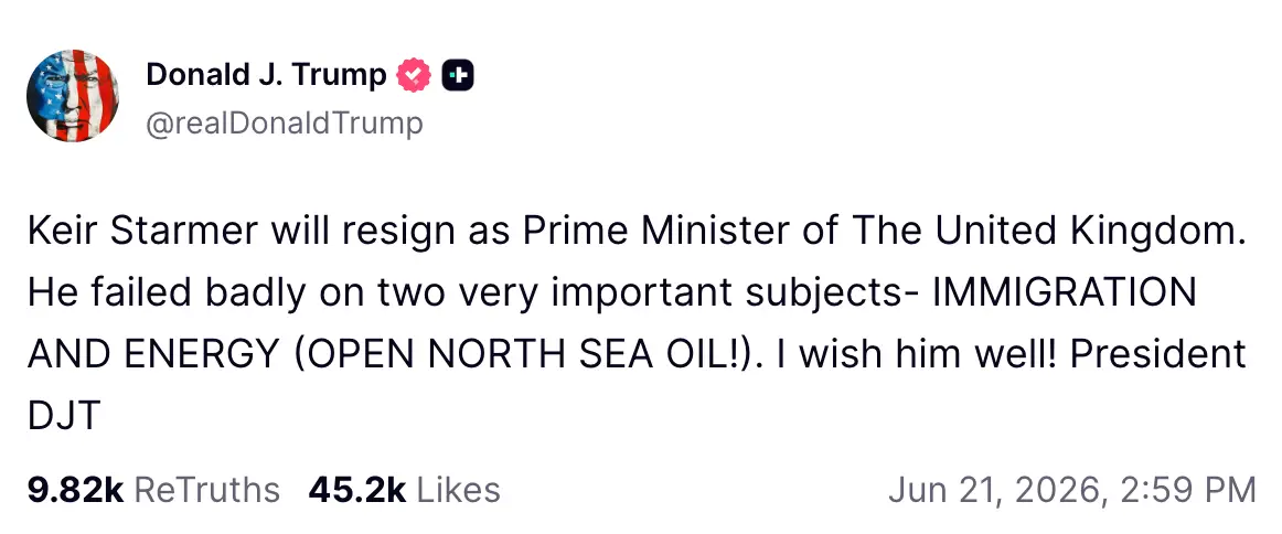 Trump shared the statement to social media on Sunday (Truth Social/@realDonaldTrump)