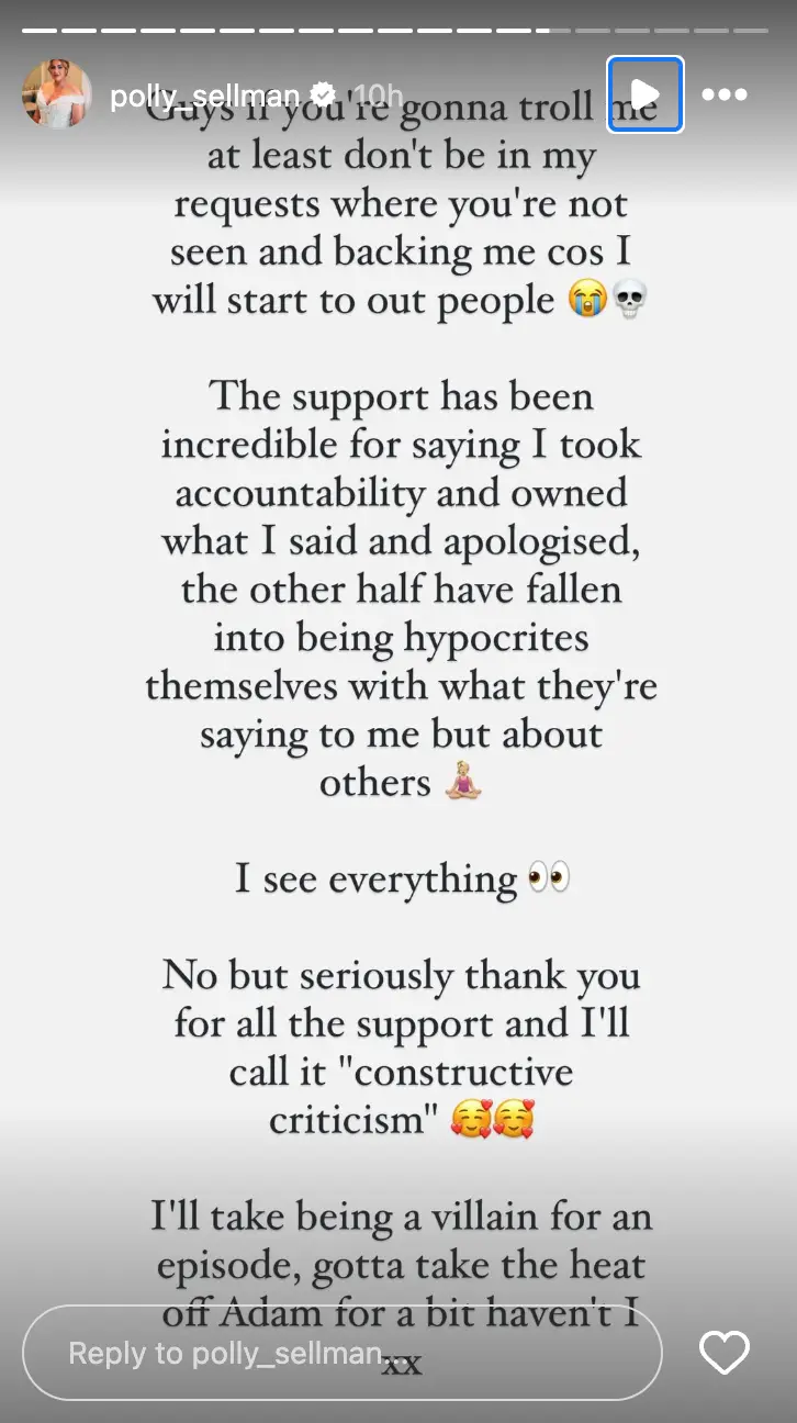 She thanked her fans for supporting her through the backlash (Instagram/@polly_sellman)