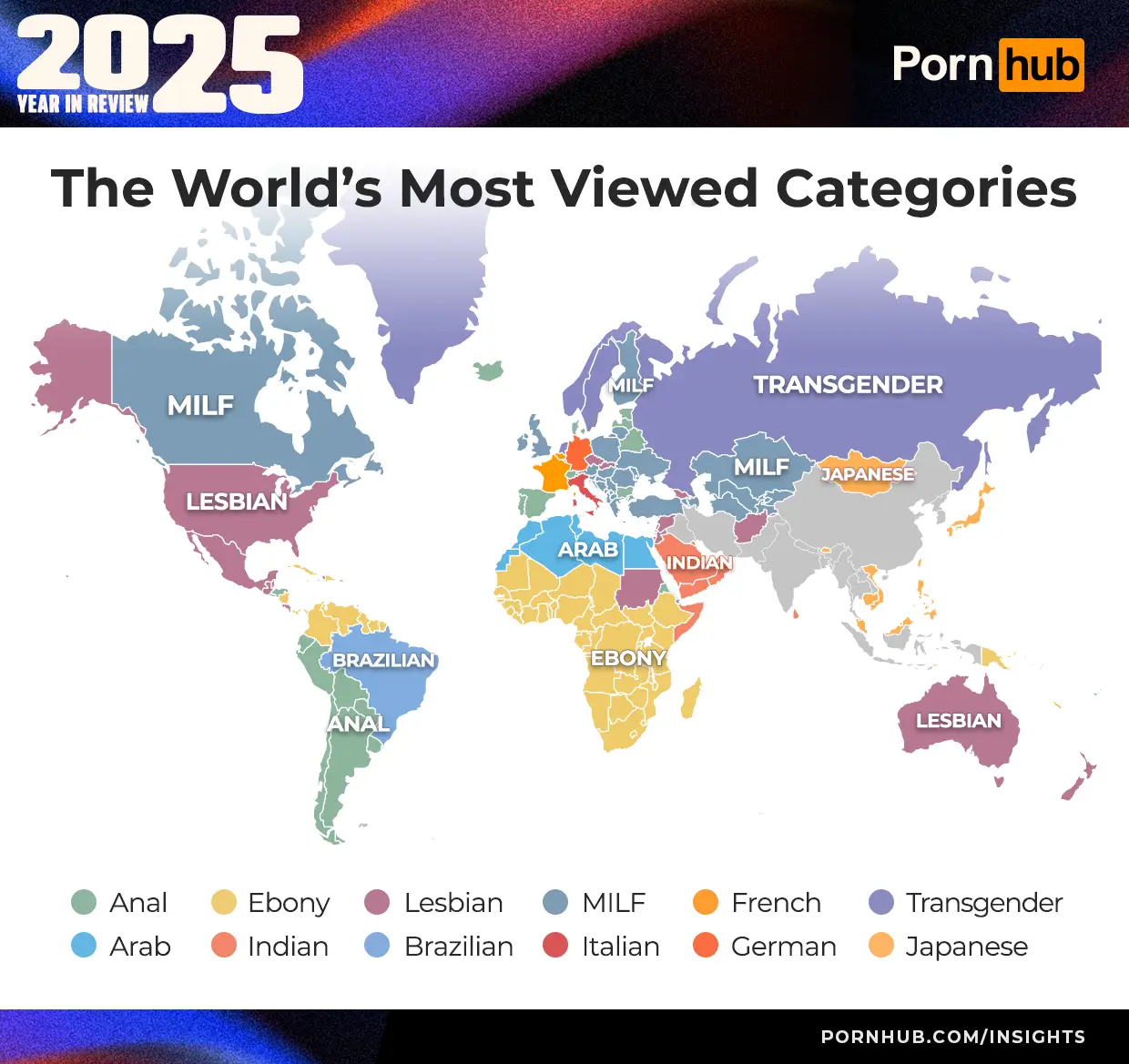 'MILF' and 'Anal' were viewed most in Eastern Europe and the UK (Pornhub)