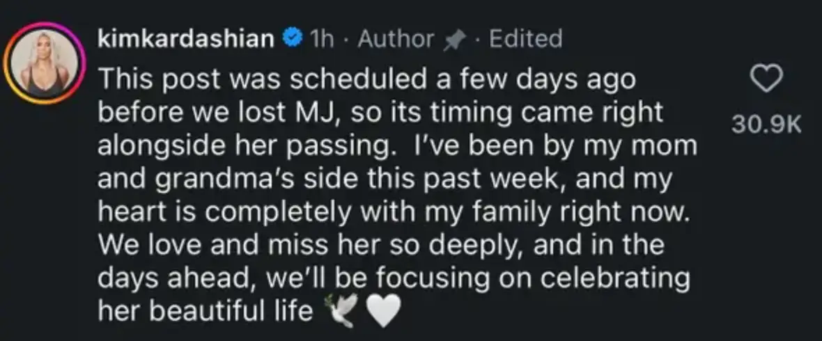 Kim clarified why she shared holiday snaps on the same day of her grandmother's death (Instagram/@kimkardashian)