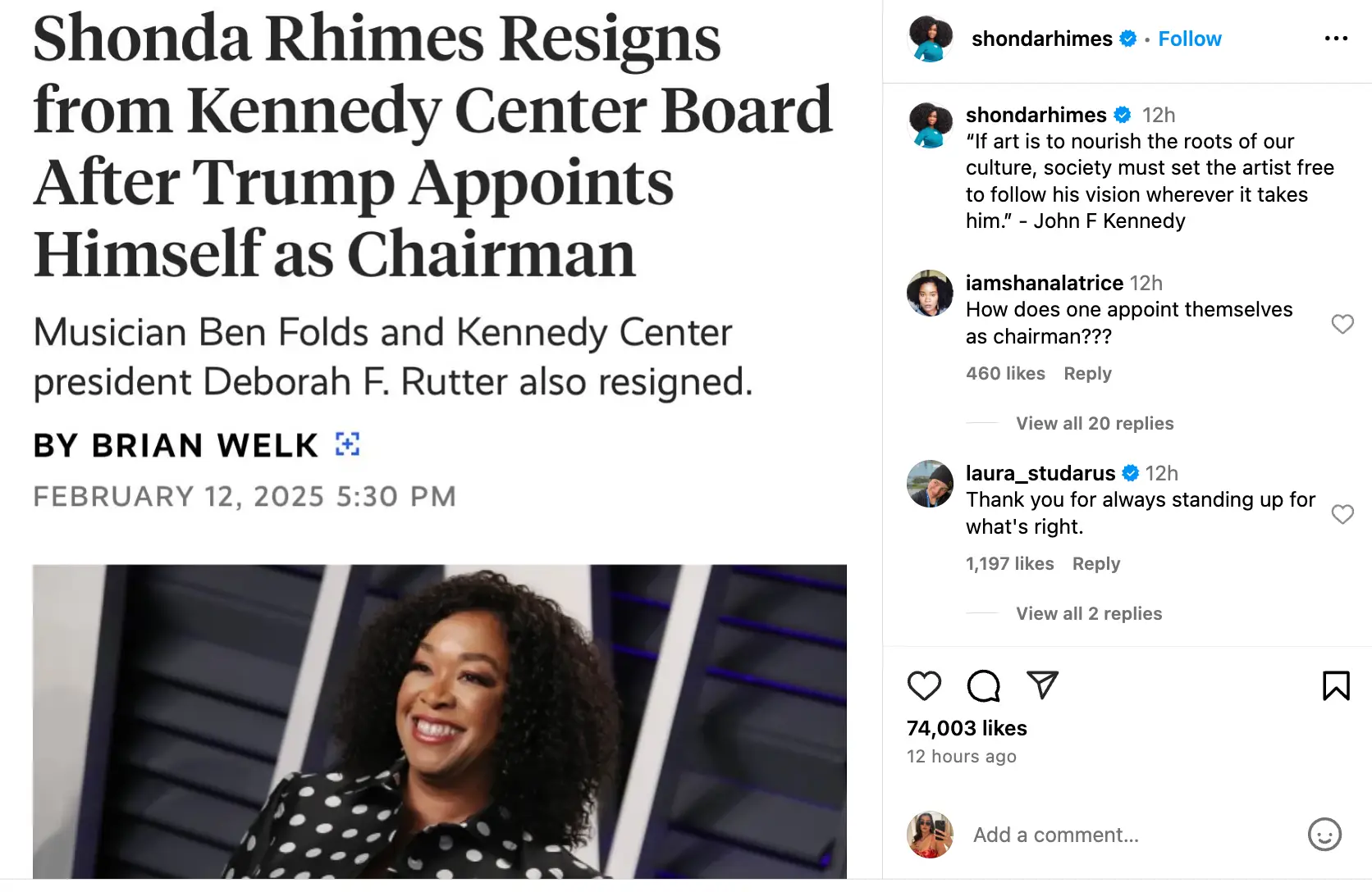 Rhimes confirmed the news on Instagram (Instagram/@shondarhimes)
