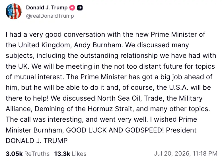 Trump shared an insight into their conversation (Truth Social)