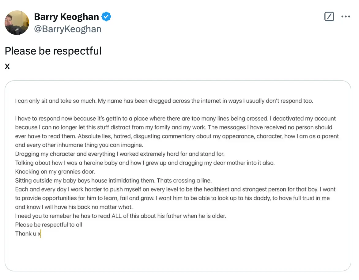 Barry previously commented on the 'inhumane' treatment he received following the reported split (X/@BarryKeoghan)