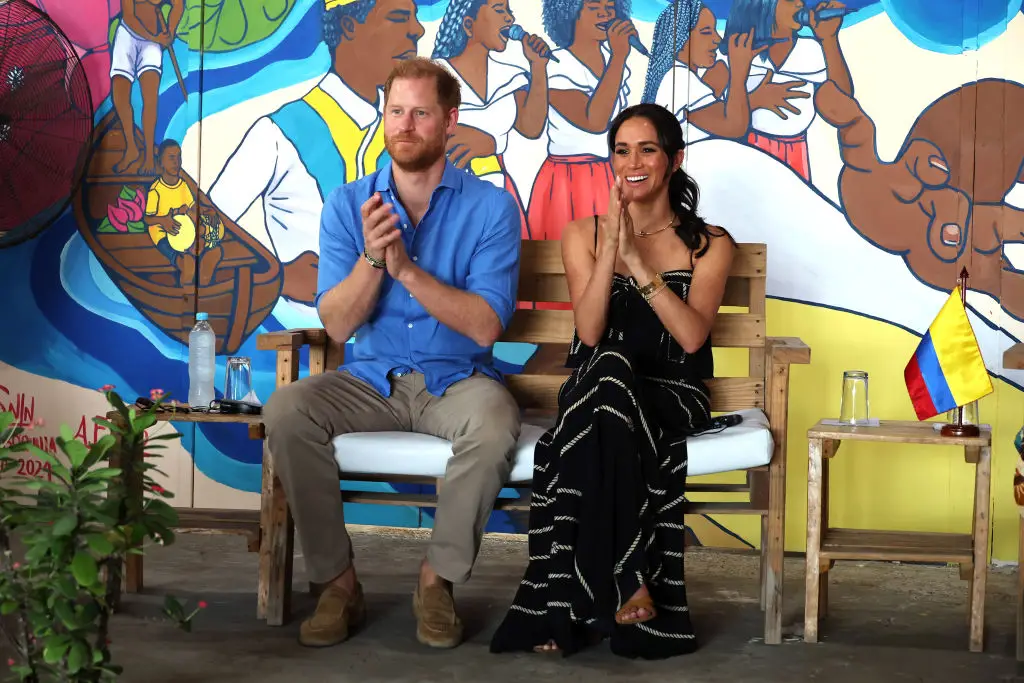 Prince Harry and Meghan Markle in Colombia. (Eric Charbonneau/Archewell Foundation via Getty Images)