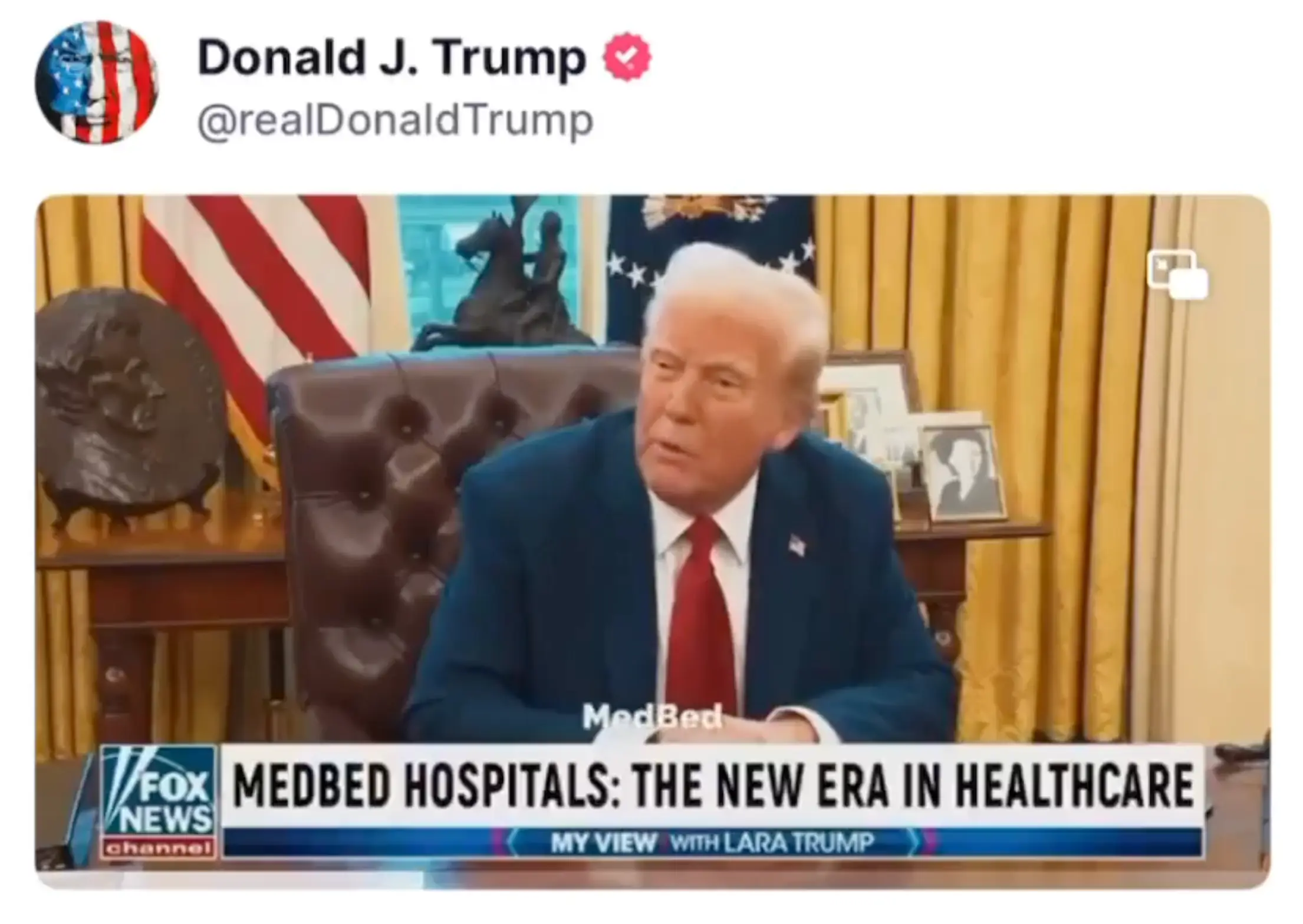 The 'medbed' conspiracy theory became widespread in QAnon circles around 2019 to 2020 (Truth Social/@realDonaldTrump)