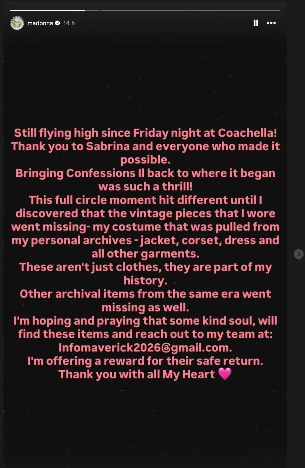 Madonna is offering a reward for anyone who can safely return the items (Instagram/Madonna)