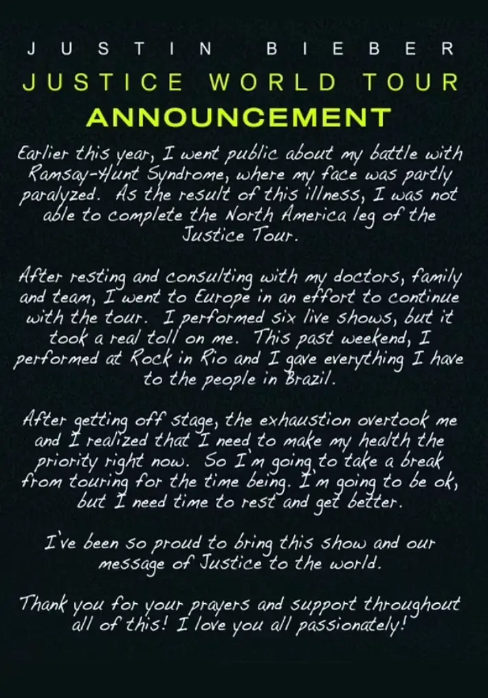 The singer is focusing on his health.