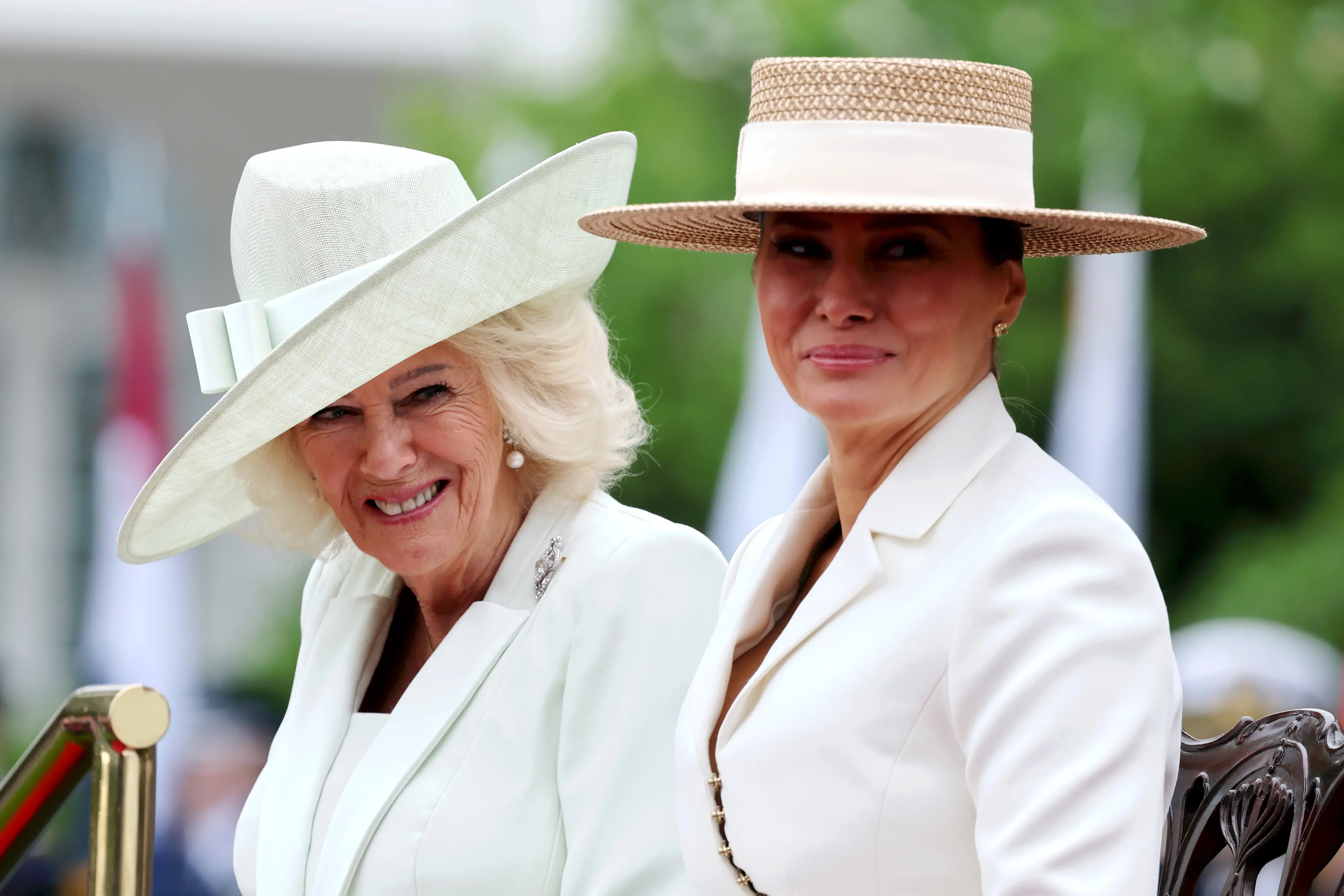 Melania wore another extravagant hat to greet Queen Camilla for the state visit (Chris Jackson/Getty Images)