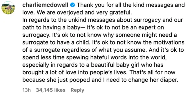 Charlie McDowell defended his wife (@charliemcdowell/Instagram)