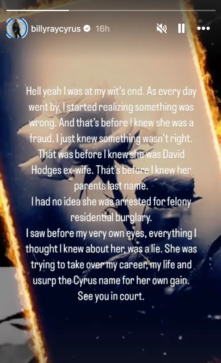 The 62-year-old singer took to Instagram to share a statement with his 1.8 million followers. (Instagram/@billyraycyrus)