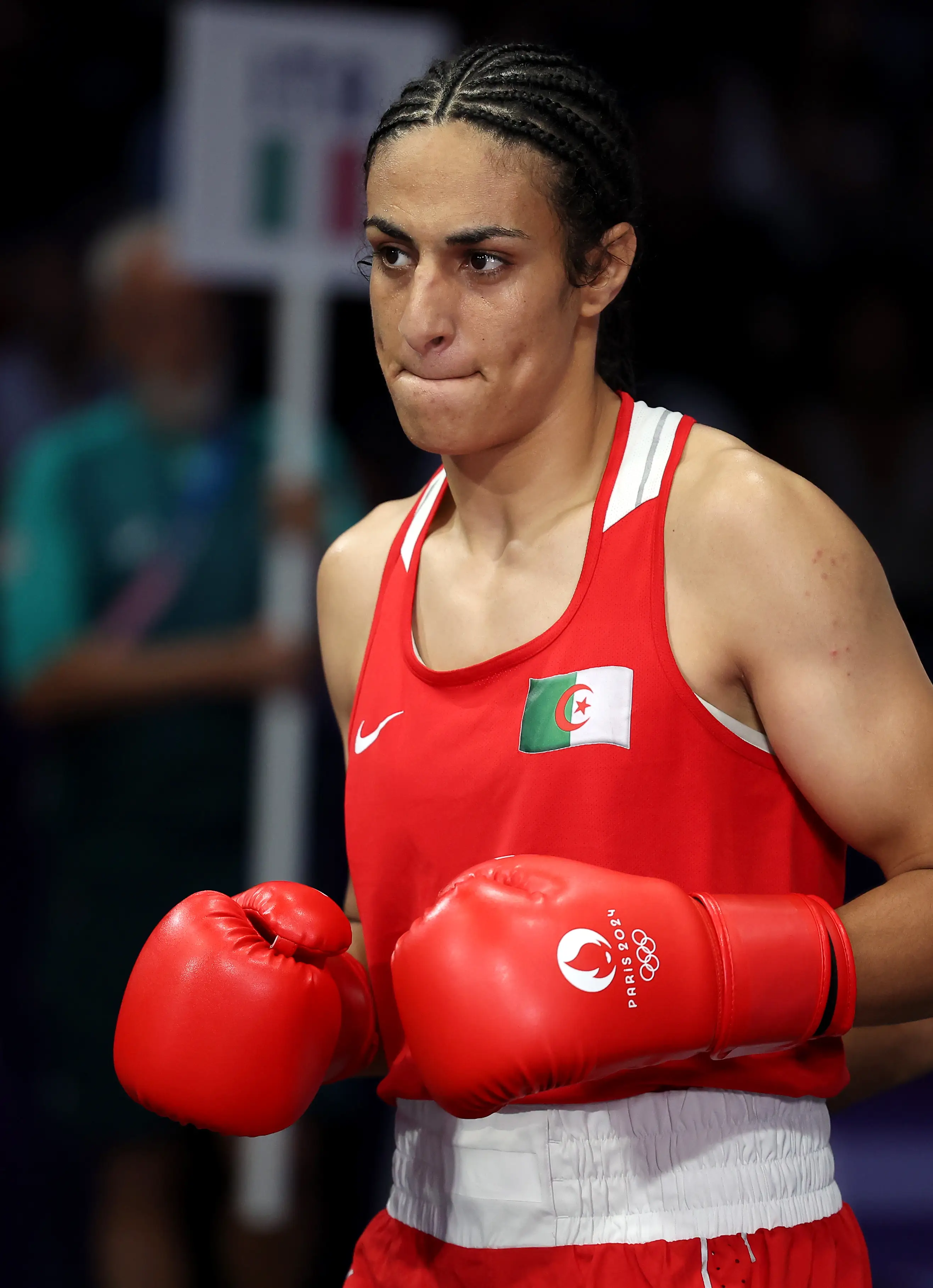 Imane Khelif is due to compete in the Olympic women's boxing semi-finals. (AFP via Getty Images)