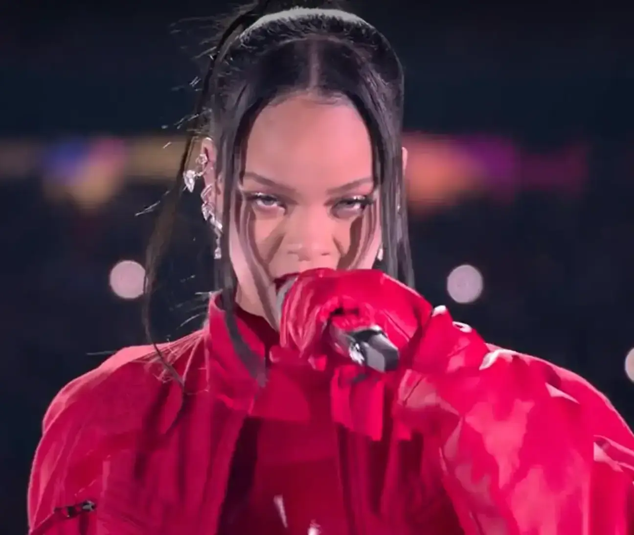 Rihanna displayed her baby bump during her epic Super Bowl performance.