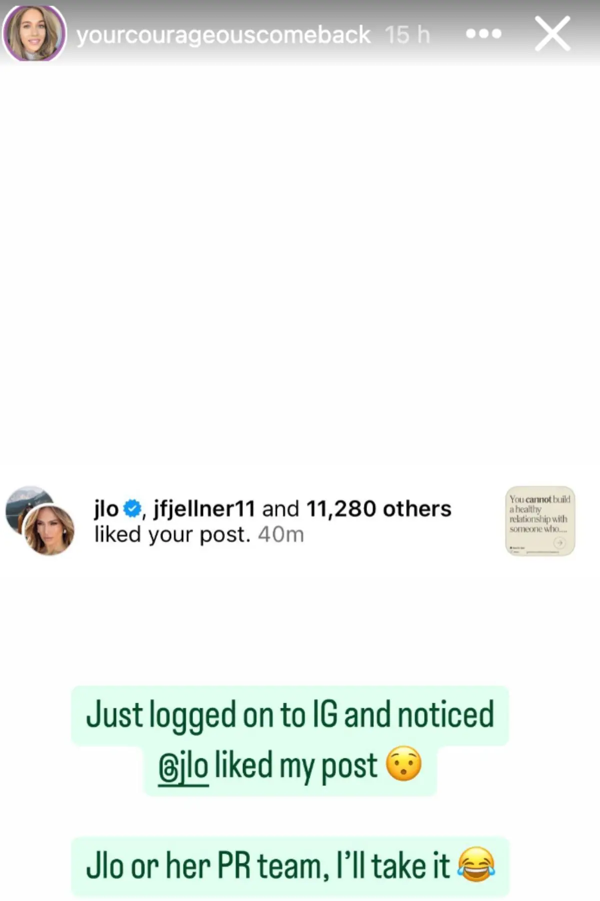 It was alleged that Jennifer Lopez had 'liked' a cryptic Instagram post. (Instagram/@yourcourageouscomeback)