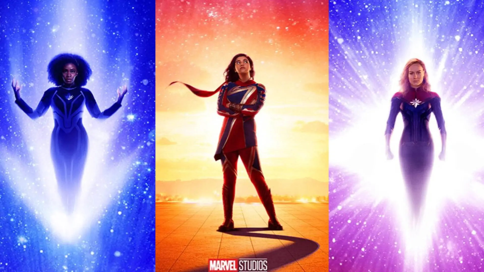 From left to right: Monica Rambeau, Brie Larson, Kamala Khan in The Marvels.