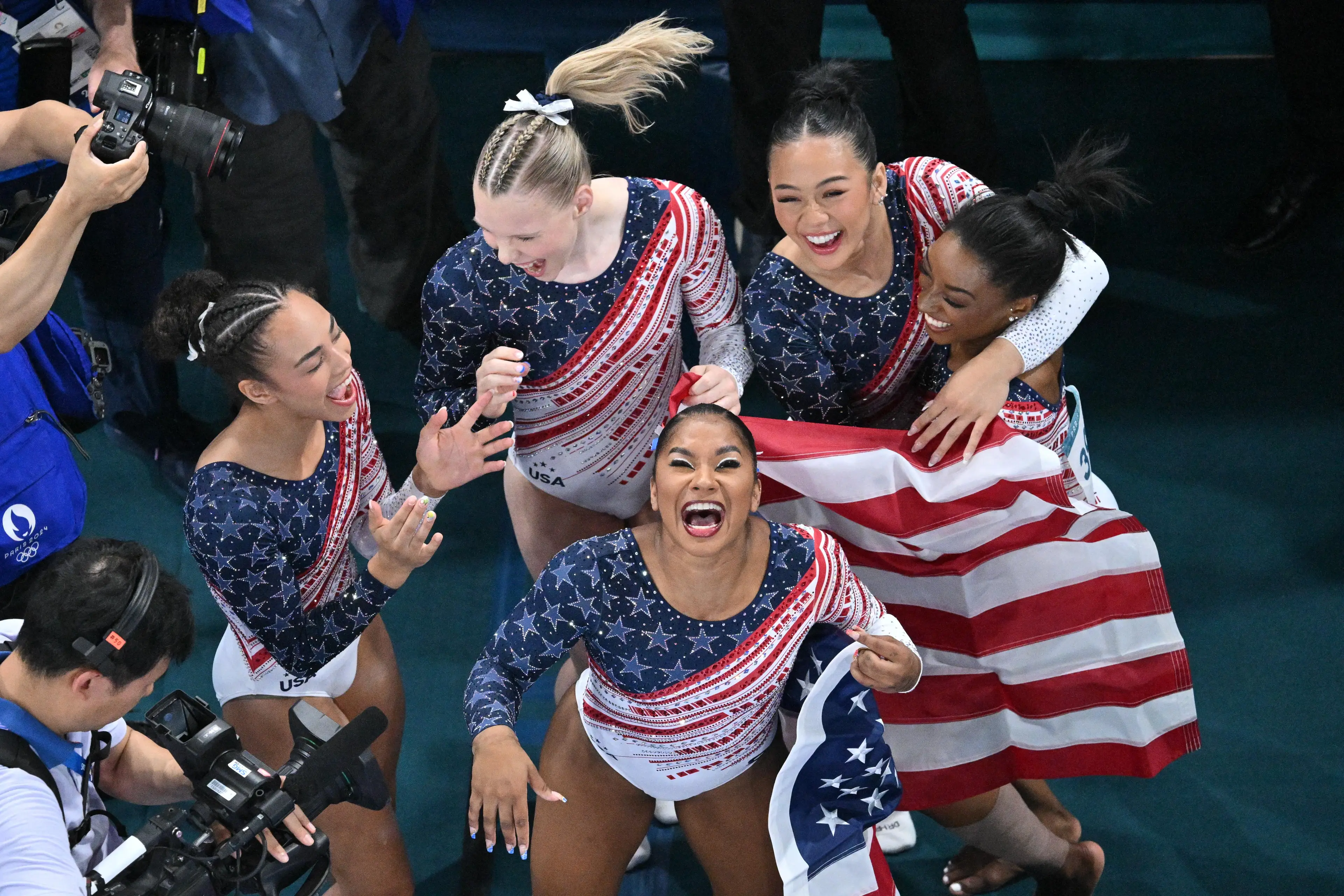 Simone Biles, Sunisa Lee, Jordan Chiles, Jade Carey and Hezly Rivera took home gold ( ANTONIN THUILLIER/AFP via Getty Images)