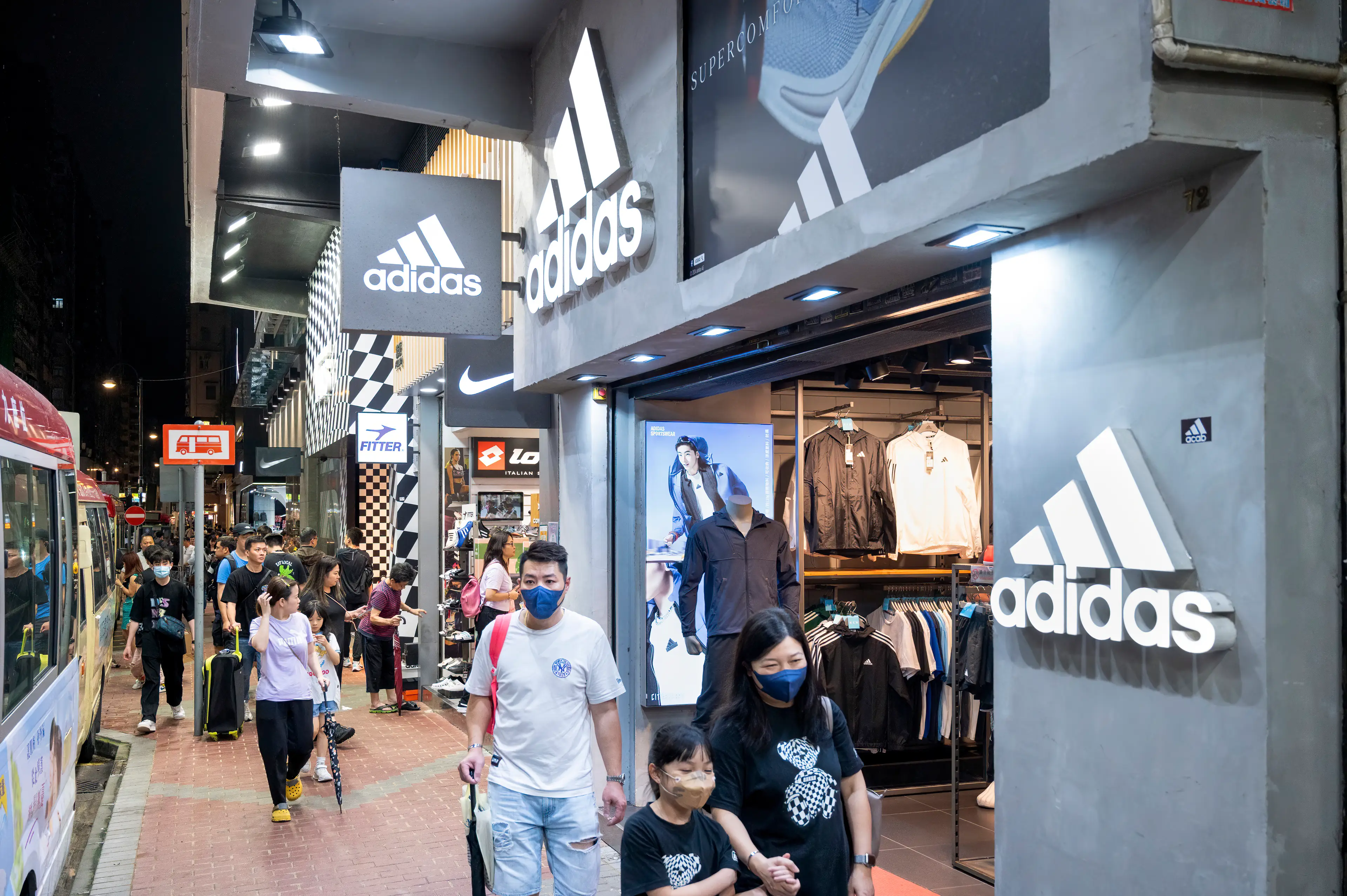 The most recent logo features three stripes. (Sebastian Ng/SOPA Images/LightRocket via Getty Images)