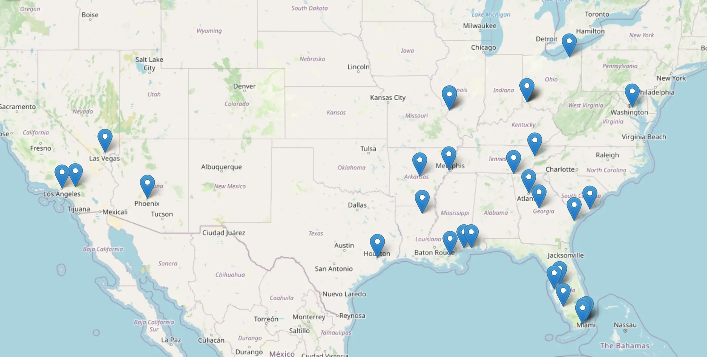 The locations of each of Little's confirmed murders - with some markers revealing confessions to the murders of multiple women (FBI/OpenStreetMap)