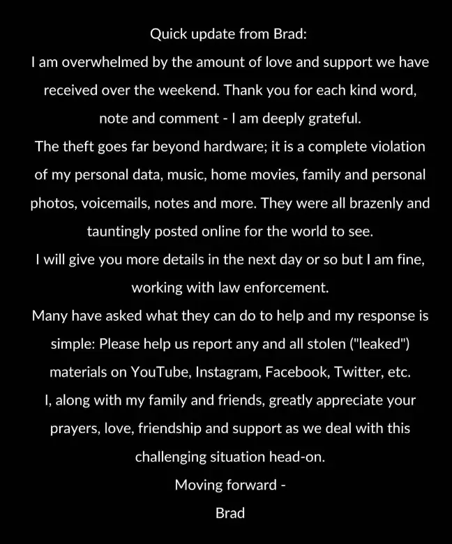 The contents included personal data, music, home movies, voicemails and notes.