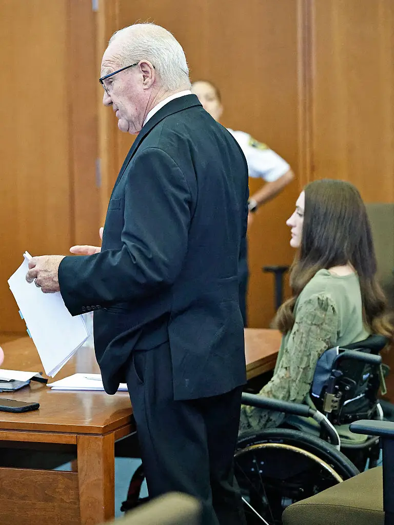 Lindsay Clancy, pictured alongside defense attorney Kevin Reddington, must wait till September 29 to find out whether a retrial will take place (Greg Derr / POOL / AFP via Getty Images)