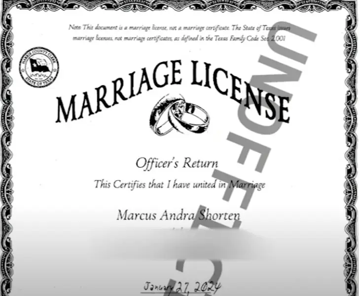 A wedding certificate naming Marcus (ABC13 Houston) 